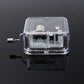 Clear acrylic DIY music box with exposed mechanism and two winding levers, front view