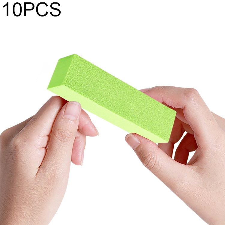 Green nail sanding/buffing block foam rectangle, held in hands for manicure