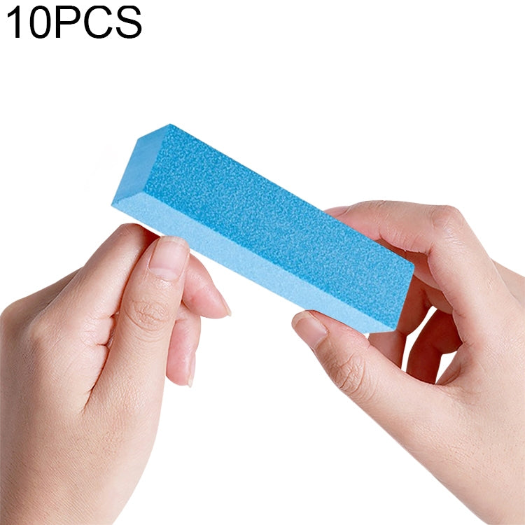 Blue nail sanding/buffing block foam rectangle, held between fingers