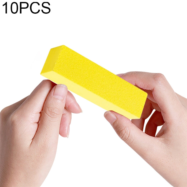 Yellow nail sanding/buffing block foam rectangle, held in hands