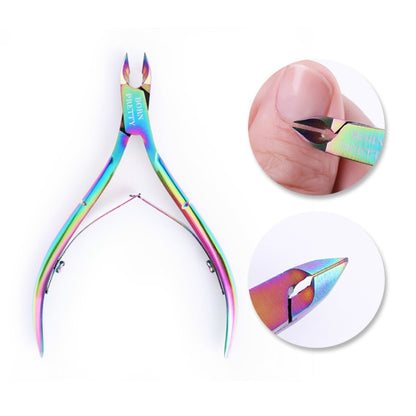 Rainbow iridescent cuticle nipper with pointed jaws and finger loop handles.