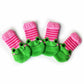Pet knitted anti-slip socks set, two green frog faces with pink striped cuffs
