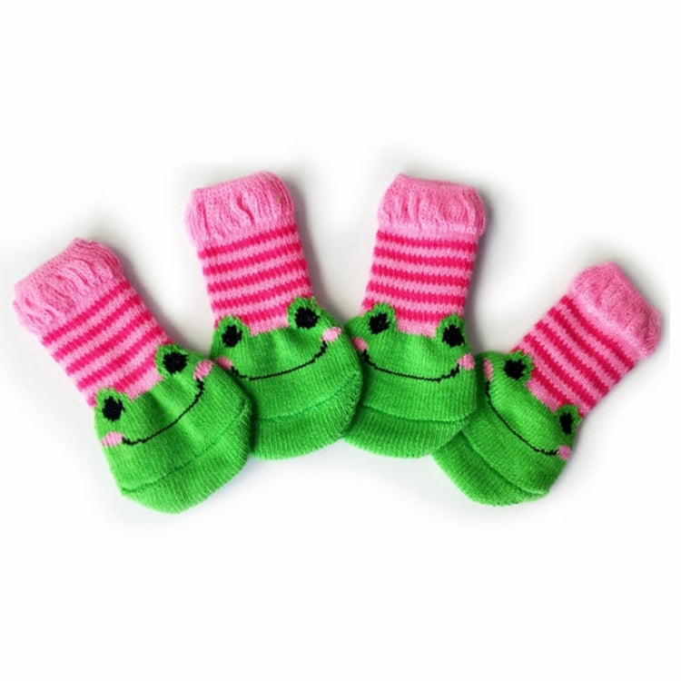 Pet knitted anti-slip socks set, two green frog faces with pink striped cuffs
