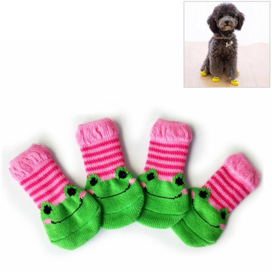 Pet knitted anti-slip socks set, pink striped cuffs and green frog face design