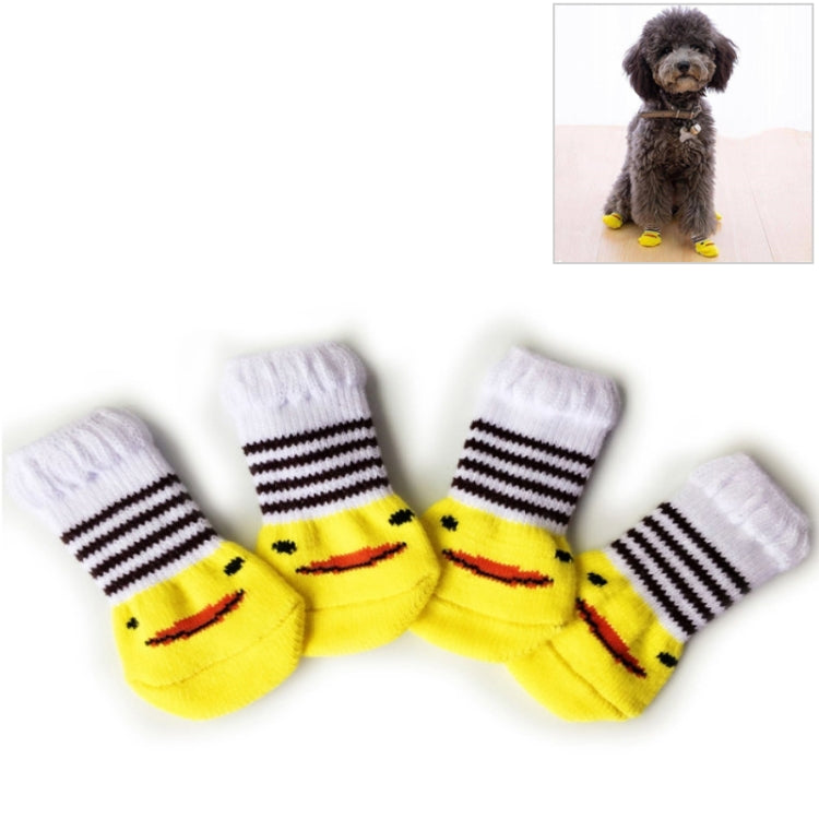 Set of 4 knitted pet anti-slip socks, yellow duck designs with white striped cuffs