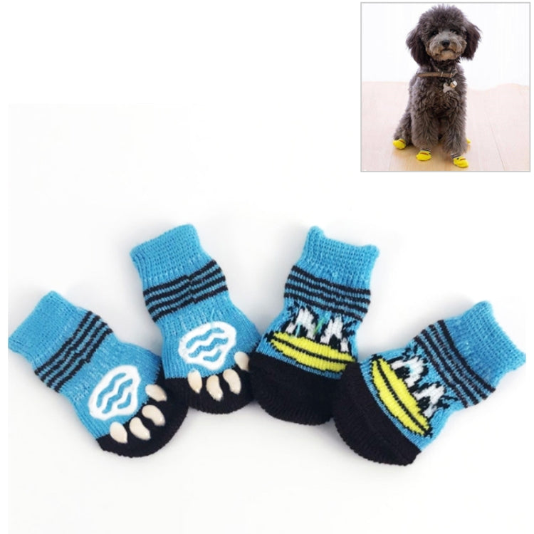 Set of 4 knitted pet anti-slip socks, blue and black with dog paw and stripe motifs