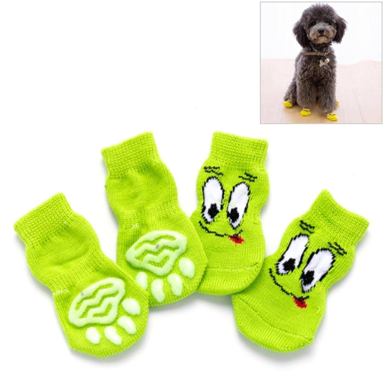 Set of 4 knitted pet anti-slip socks, neon green with cute face and paw prints
