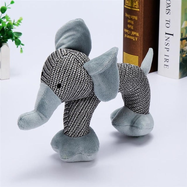 Plush gray dog chew toy with rope-textured body, long legs, and squeaker pouch