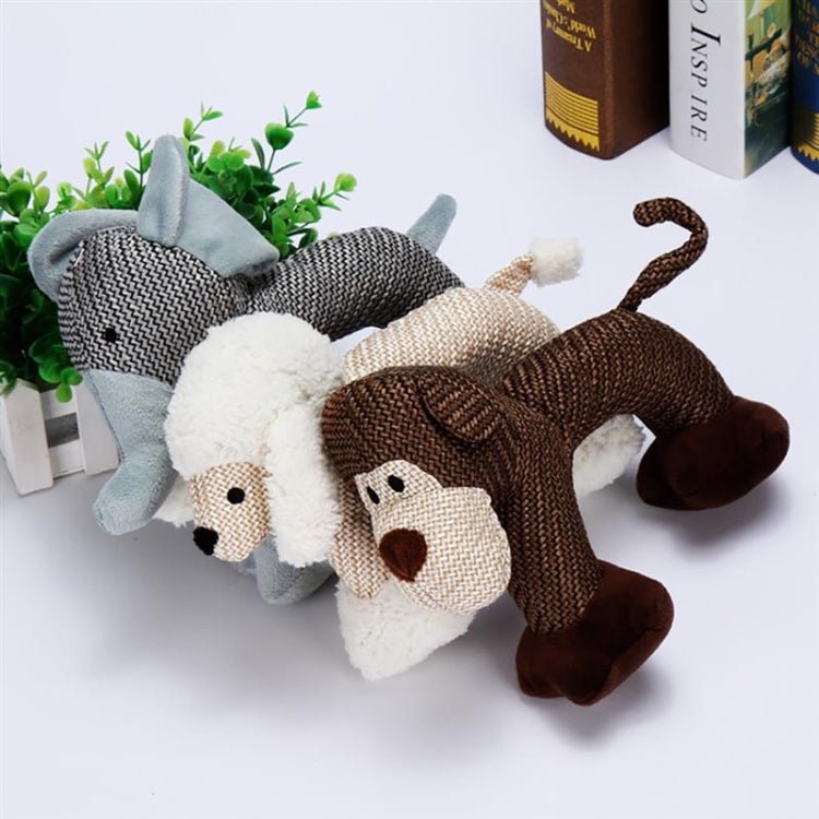 Two plush dog chew toys: gray with cream face and brown with cream face