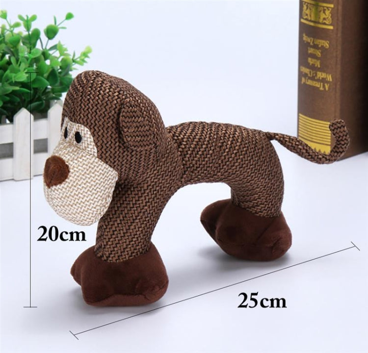 Plush brown dog chew toy with cream muzzle, stitched rope-texture, and floppy tail