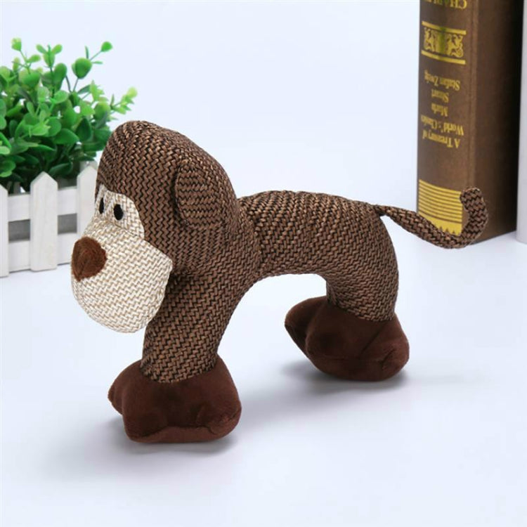 Plush brown dog chew toy with rope-textured body, cream muzzle, and long tail