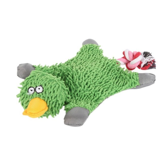 Green plush duck dog toy with rope, yellow beak and stitched eyes, gray feet
