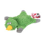 Green plush duck dog toy with rope detail, gray legs and pink flower rope end