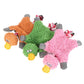 Assorted plush duck dog toys with rope—green, orange, and pink bodies, gray feet