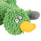Green plush duck toy with stitched eyes and yellow beak, gray paw feet