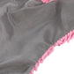 Gray plush rope end with textured fabric and pink trim on duck dog toy