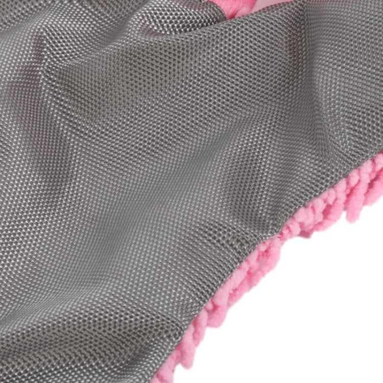Gray plush rope end with textured fabric and pink trim on duck dog toy