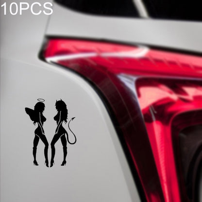 Car door angel and devil figure sticker decals, black silhouettes on white body panel