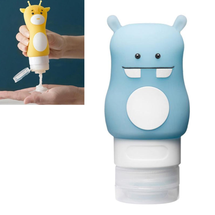 Blue hippo-shaped travel lotion bottle with clear pump cap and white nozzle