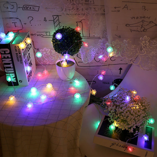 Colorful pine cone LED string lights with multicolor bulbs and soft glowing strands