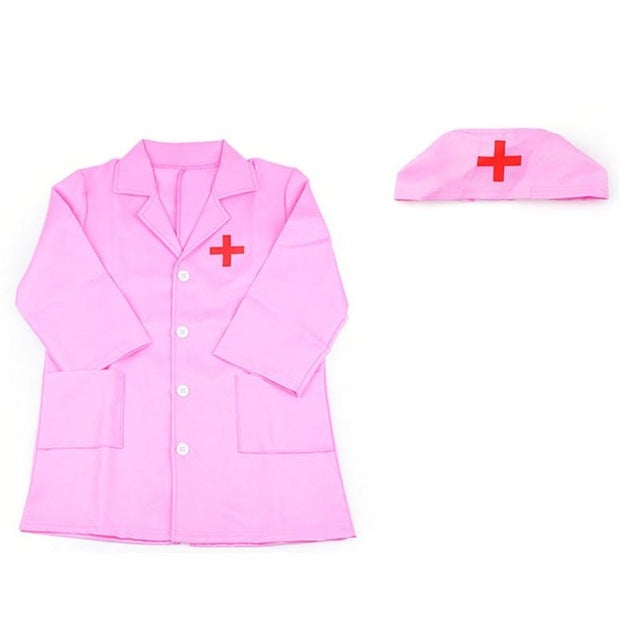 Pink kids nurse lab coat with chest red cross and pocketed design, cap included
