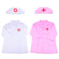 Kids nurse costume set with white and pink coats, each with a matching cross cap