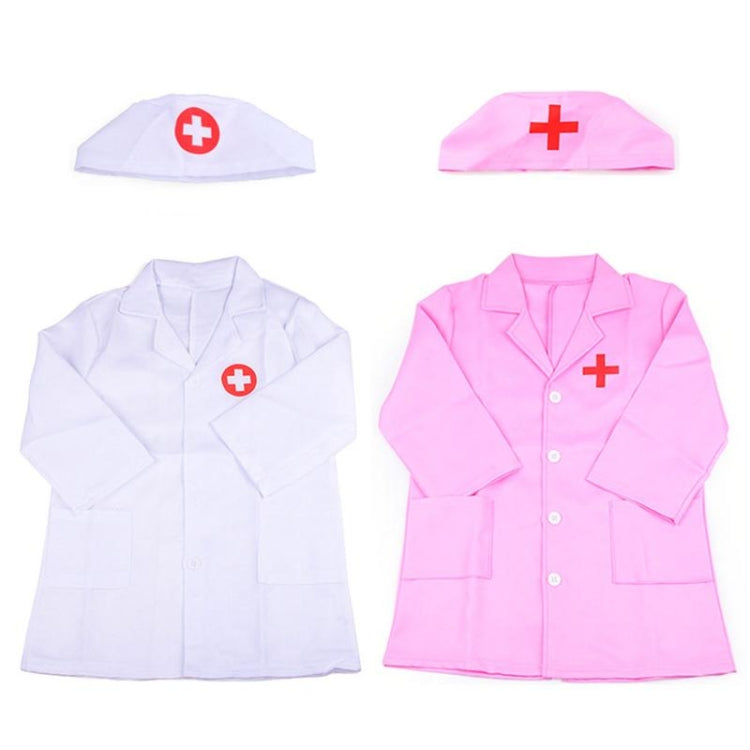 Kids nurse costume set with white and pink coats, each with a matching cross cap