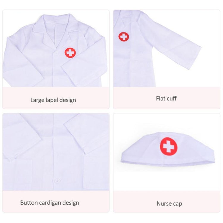 White nurse costume set details: large lapel, flat cuffs, button front, cross nurse cap