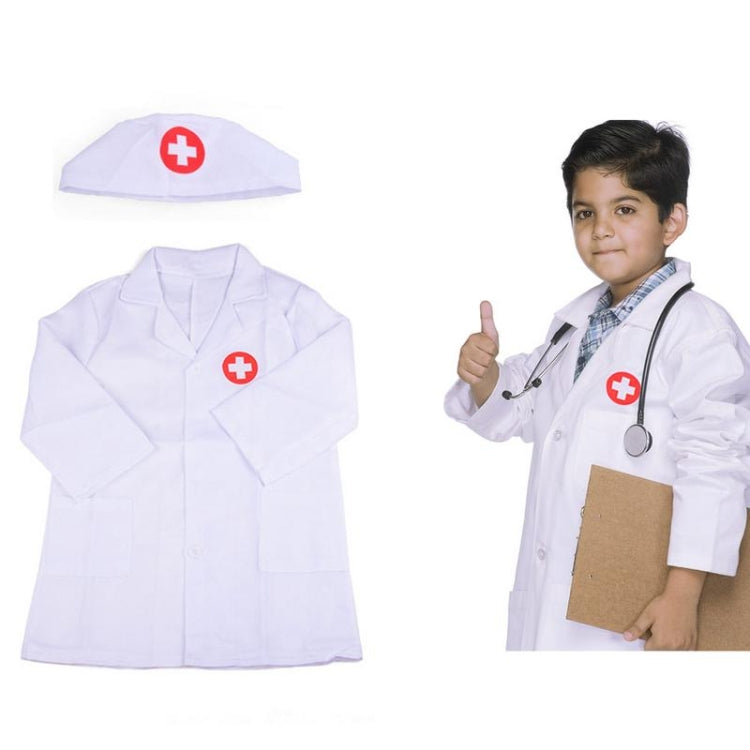 White kids nurse coat with red cross and matching cap, worn with stethoscope prop