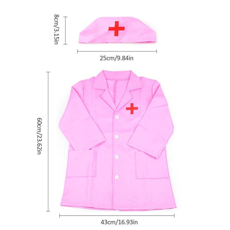 Pink child nurse coat and nurse cap set, dimensions shown