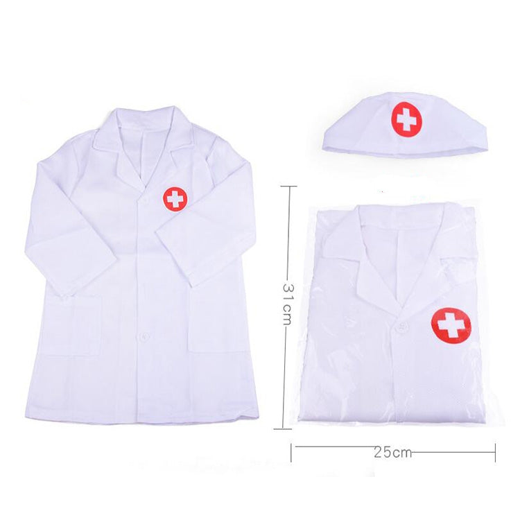 White kids nurse coat with red cross cap, plus matching folded tunic set