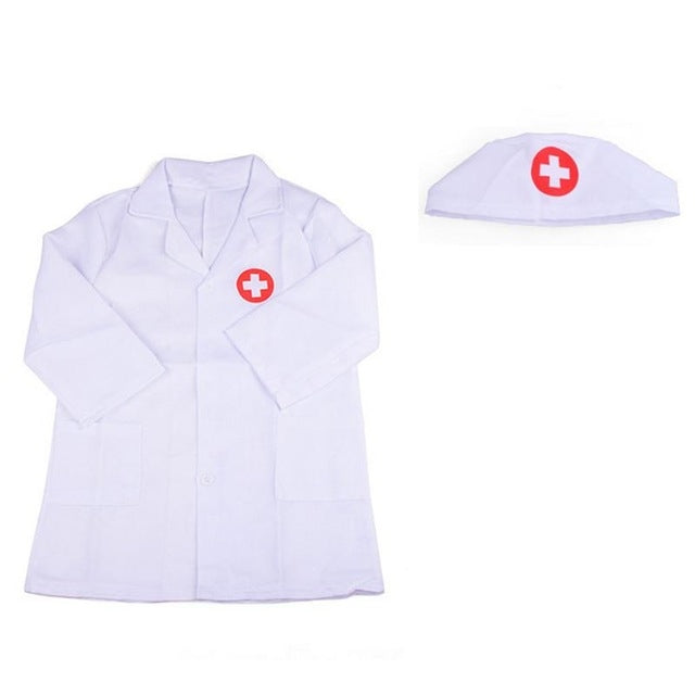 White kids nurse coat with red cross emblem and matching nurse cap