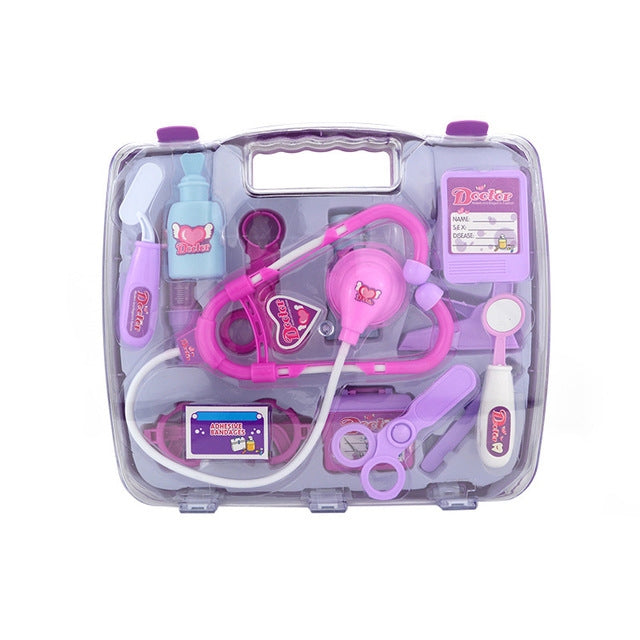 Purple doctor role-play stethoscope set in clear plastic medicine case, with accessories