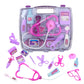 Purple doctor stethoscope set with stethoscope, tools, and medical cards laid out