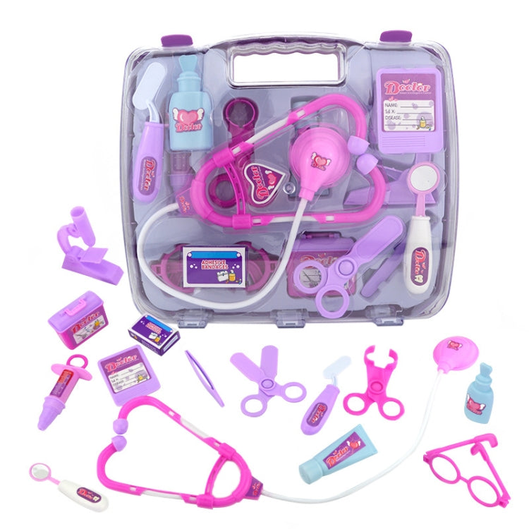 Purple doctor stethoscope set with stethoscope, tools, and medical cards laid out