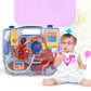 Toddler playing doctor with purple stethoscope set and white doctor hat