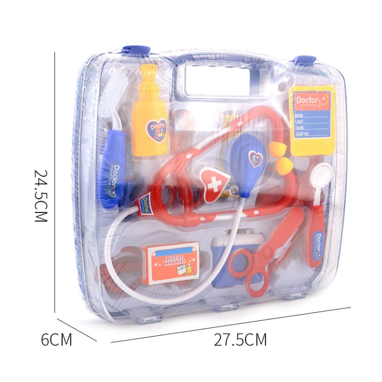Blue doctor stethoscope set in clear box with size details shown