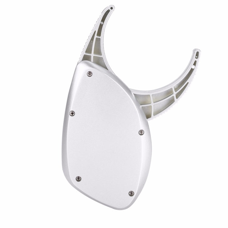 Silver handheld caliper with open measuring arms and back body panel