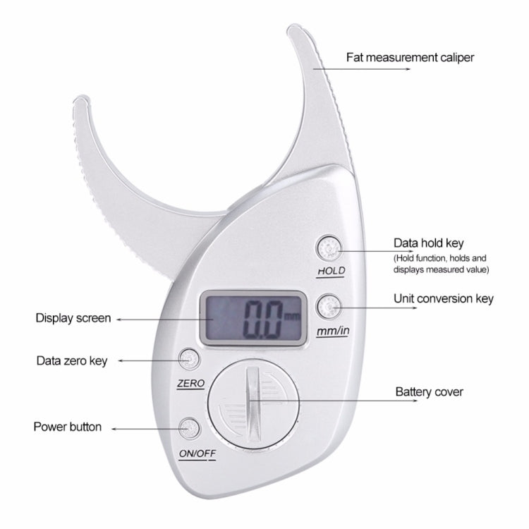 Digital fat measurement caliper with LCD display and hold/zero keys