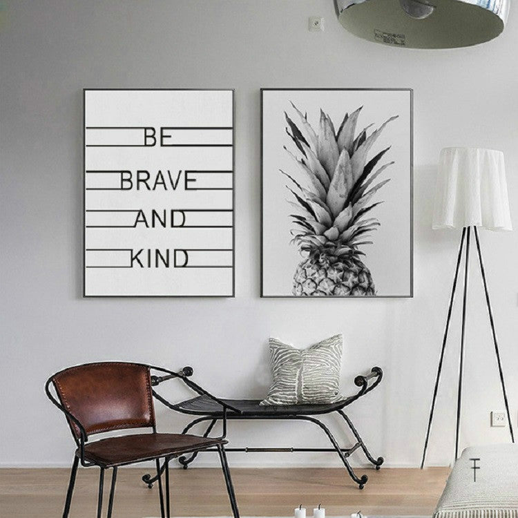 Two-panel wall print set featuring a quote panel and monochrome pineapple artwork