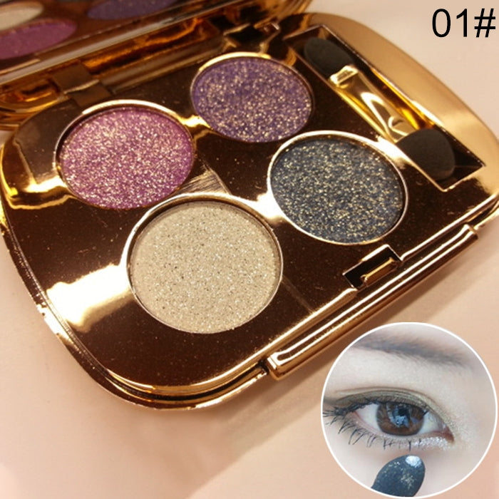 Gold eyeshadow palette with 5 glitter shades: pink, purple, beige, blue, and charcoal
