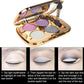 Gold eyeshadow palette with 5 shimmer shades: lilac, lavender, blue-gray, beige, and charcoal