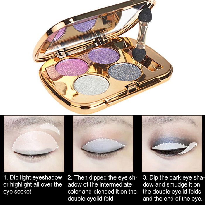 Gold eyeshadow palette with 5 shimmer shades: lilac, lavender, blue-gray, beige, and charcoal