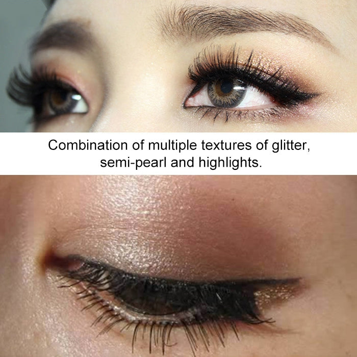 Close-up eye with glittery shimmer eyeshadow in gold and purple tones