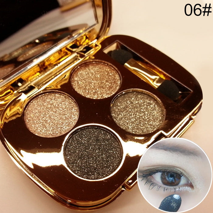 Gold eyeshadow palette with 5 glitter shades: gold, bronze, tan, and dark charcoal