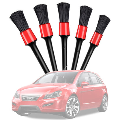 Car detailing brush set, five black bristle brushes with red ferrules and black handles