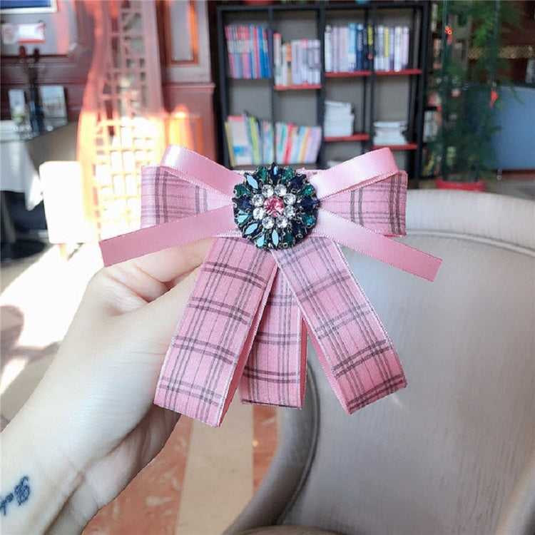 Pink plaid bow brooch with jeweled centerpiece and soft pink ribbon bow