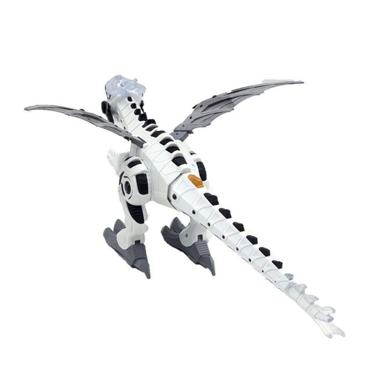 White and gray electric mechanical dinosaur toy with long tail and open wings