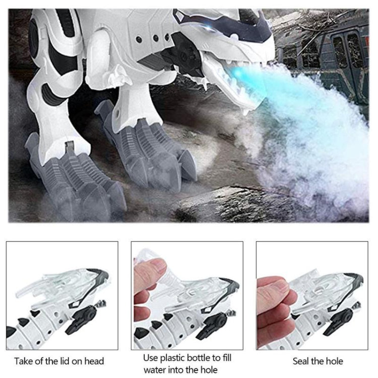 White and gray electric mechanical dinosaur toy emitting mist from mouth