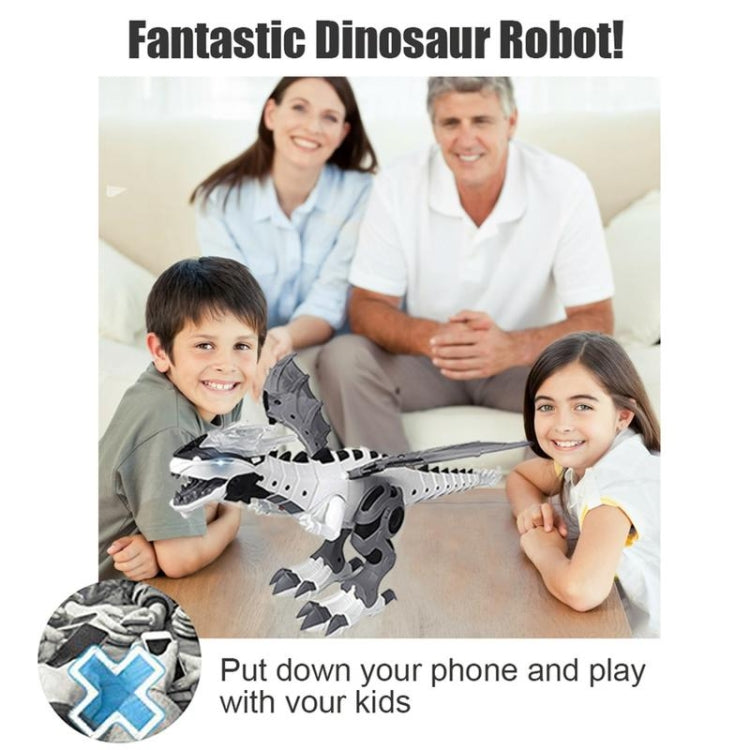 White and gray electric mechanical dinosaur toy held by children on couch
